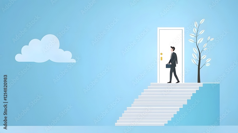 Fototapete businessman silhouette walking up a staircase towards a bright open door representing a career oppor