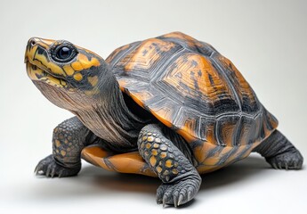 Obraz premium Striking Close-Up of a Colorful Turtle with Intricate Shell Patterns and Vibrant Colors on a Neutral Background Showcasing Nature's Beauty and Detail