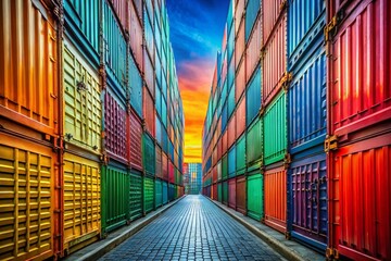 Fototapeta premium Colorful Shipping Container Alleyway: Symmetrical Industrial Architecture Stock Photo