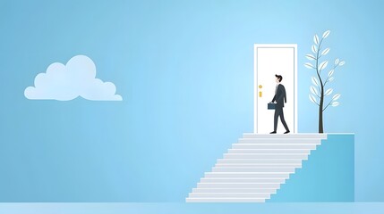 Businessman silhouette walking up a staircase towards a bright open door representing a career opportunity success and ambition  Minimal background design with clear sky and clouds symbolizing growth