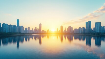 Obraz premium A stunning skyline view at sunset, with reflections in the water. The vibrant colors illuminate the modern architecture against a serene backdrop.