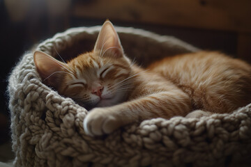 Peaceful Cat Sleeping in Cozy Knit Basket on Cat Day  