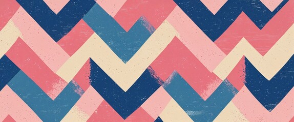 Retro blue and pink chevron pattern with a grainy texture soft beige background illustration background design
