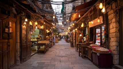 Vintage Alleyway: Cinematic Charm with Old-School Lightbulbs and Vendor Stalls in Urban Setting