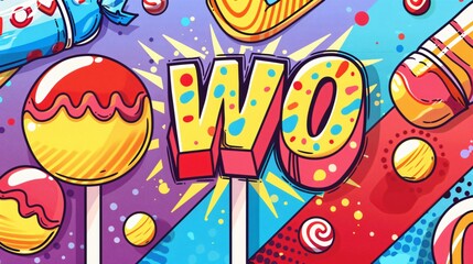 Colorful Sweet Candy with Wow Pop Art Message Flat Vector Illustration