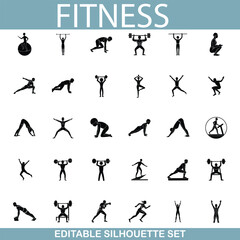 Fitness Editable Silhouettes Workout, Exercise, Gym, Bodybuilding Icons