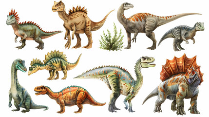Dinosaur Illustration Set Features Ten Diverse Species from Prehistoric Times, with Detailed Illustration Artwork.