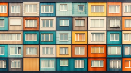 A vibrant and colorful facade showcasing a grid of windows in various hues, creating a striking modern architectural design.