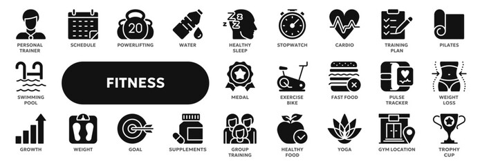 Set of vector solid icons related to fitness and sport, healthy nutrition, gym exercises . Symbols for website or app ui, logo design, illustration