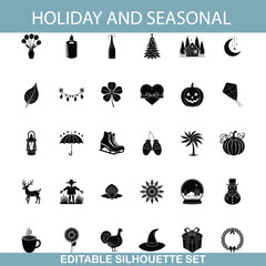 Editable Holiday and Seasonal Silhouette Icons Festive, Celebratory, Vector Graphics