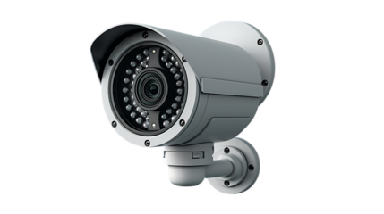 A security camera mounted on a wall. The camera has a dome shape and includes a lens and several small lights for night vision.
