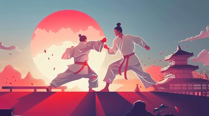 Naklejka premium Dynamic Taekwondo Fighters in Traditional Kimono Flat Vector Illustration