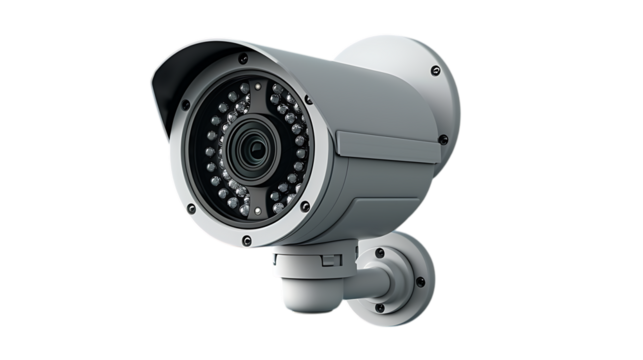 A security camera mounted on a wall. The camera has a dome shape and includes a lens and several small lights for night vision.