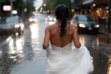 Naklejka premium A bride in a flowing gown runs through a rain-soaked street, illuminated by city lights, capturing the essence of love, freedom, and the unpredictability of life.