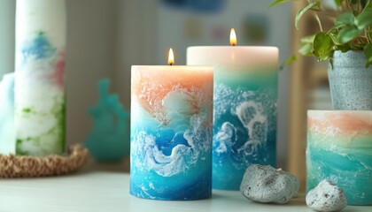 Colorful decorative candles with calming ocean-inspired designs.