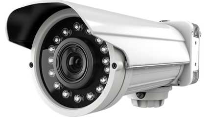 A surveillance camera mounted on a pole. The camera has a long lens and is equipped with several LED lights around it.