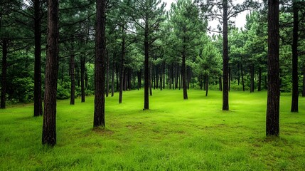 Lush Green Pine Forest with Misty Atmosphere after Rain
