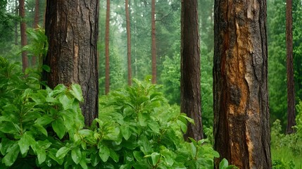 Fresh and Lush Pine Forest Landscape with Misty Atmosphere