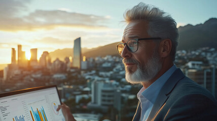 thoughtful businessman analyzes data on tablet, overlooking city skyline at sunset. scene captures blend of technology and urban life, evoking sense of ambition and reflection