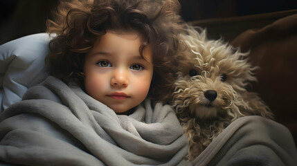 Little Girl and Fluffy Dog Share a Cozy Blanket, Embracing Warmth and Friendship Gently.