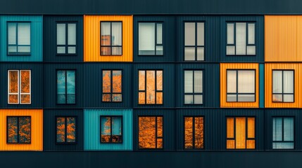 A vibrant facade showcasing a modern building with colorful windows. This architectural design captures urban aesthetics and contemporary artistry beautifully.