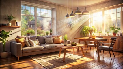 Fototapeta premium Cozy Living Room Sunlight, Comfy Couch & Dining Table, Long Exposure Interior Design Stock Photo