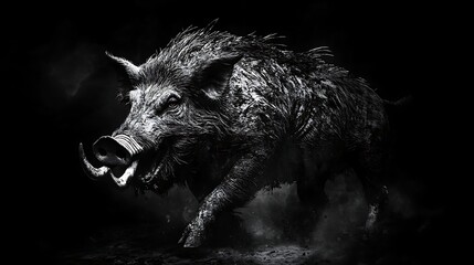 A terrifying demon in the form of a wild boar covered in darkness and shadows