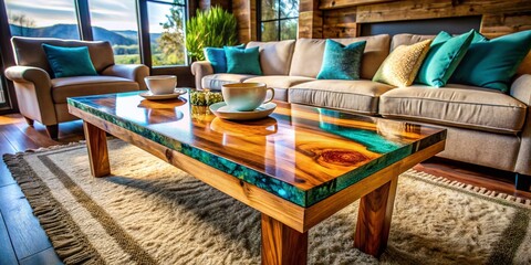 Cozy Living Room with Rustic Wood Coffee Table and Resin Inlay
