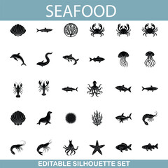 Naklejka premium Editable Seafood Silhouettes Fish, Shellfish, and Ocean Life Icons