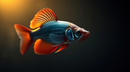 Fototapeta premium Vibrant Aquatic Jewel: A mesmerizing close-up of a colorful freshwater fish, showcasing its iridescent blue, orange, and red fins against a dramatic dark background.