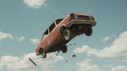 Rusty vintage car airborne, pieces falling, against a blue sky.