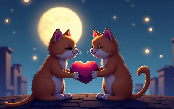 Two cats hug each other with love on Valentine's Day.