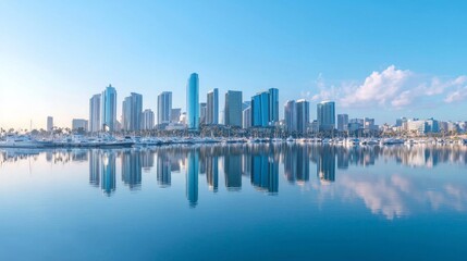 Obraz premium Futuristic Skyline Reflection in Calm Harbor - Ultra-Detailed Cinematic Image of Digital Displays Flickering on Mirror-Like Water Surface