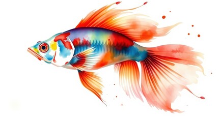 Fototapeta premium Colorful Betta Fish: A vibrant and striking betta fish with flowing fins in a spectrum of red, orange, blue, and white, swims with grace against a backdrop of abstract watercolors. 