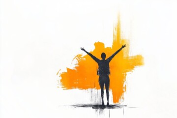 A minimalist illustration of a person jumping with their arms stretched high, drawn in clean black lines with bold yellow accents to symbolize joy and excitement