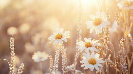 A soft beige backdrop adorned with chamomile blooms and wheat, embodying a natural, peaceful ambiance perfect for wellness or eco-friendly themes.