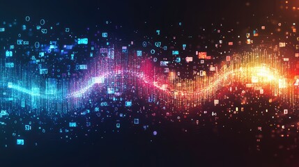 A colorful stream of data flowing in a futuristic art piece, with bright ambient lighting and innovative energy in a frontal view