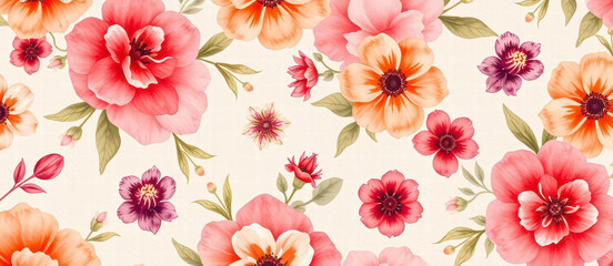 Seamless Watercolor Floral Pattern with Pink, Orange, Bordeaux, and Brick Colors for Vibrant Design
