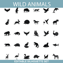 Wild Animal Silhouettes Editable Vector Icons Set Collection