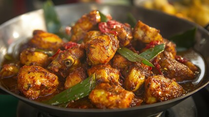 Fototapeta premium Deliciously spiced chicken dish served in a traditional bowl.