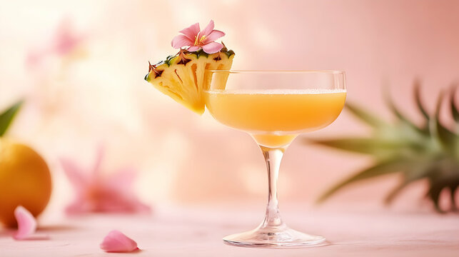 Refreshing pineapple cocktail in a coupe glass, garnished with a flower, on a pink background. Perfect for summer drinks or tropical themes. - Powered by Adobe