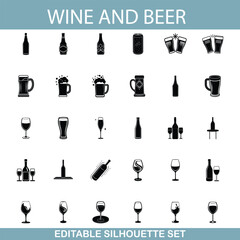 Editable Wine and Beer Silhouette Icons Bottles, Glasses, Cans