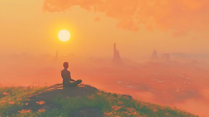 A serene individual meditating at sunrise on a hilltop, radiating a sense of clarity and growth