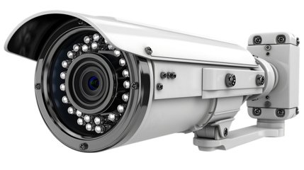 A silver security camera with a lens and multiple lights around it. The camera is mounted on a pole and has a sleek, modern design.