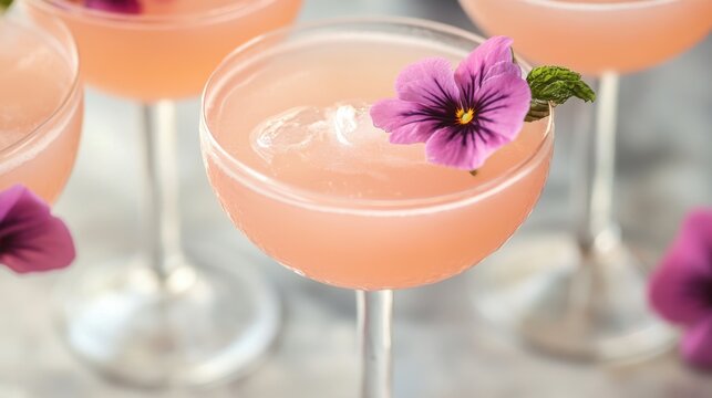 Elegant cocktail with pink hue and flower garnish in glass.