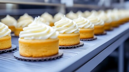 Conveyor Transporting Cakes Through Frosting Machine in Bakery Production