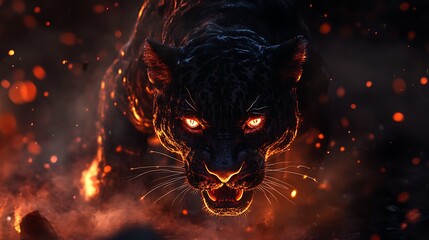 A menacing jaguar demon with glowing eyes prowling through the darkness