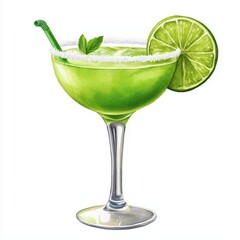 Fototapeta premium Refreshing Green Cocktail in Elegant Glass with Lime Slice and Straw