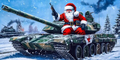 The artwork features Santa in uniform, celebrating the holiday spirit in an unexpected setting.