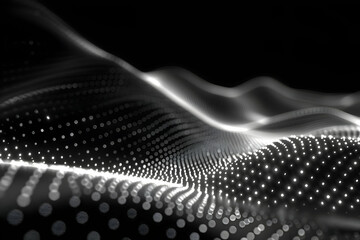 Abstract 3D Landscape with Glowing Particles Flows Dynamically on Dark Background